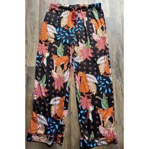 Room Service Pajama Pants Black w/ Floral Tiger Drawstring. Women's Sz Large.